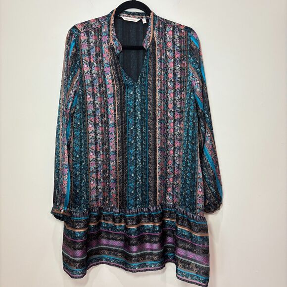 Soft Surroundings Tunic Dress L Striped Black Multi Chiffon Folksy Floral Boho - Picture 1 of 10